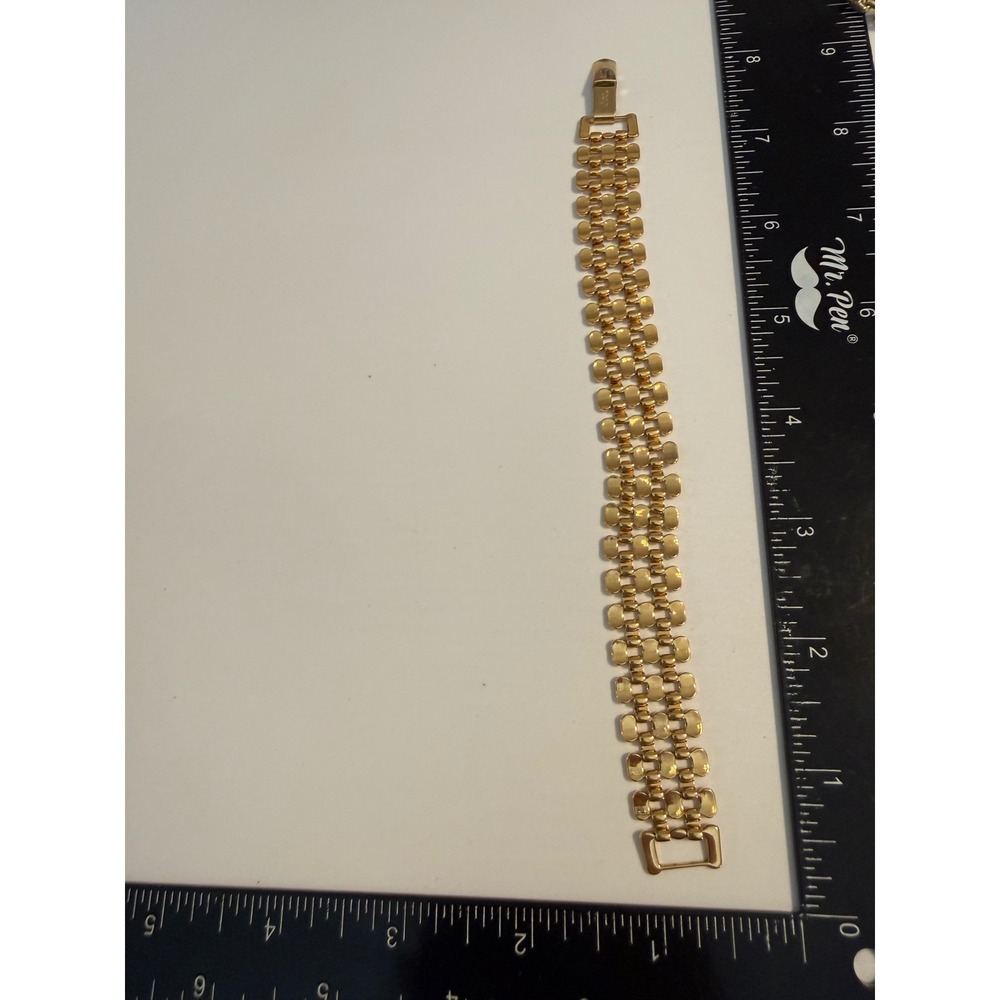 Napier Vintage Gold Tone Triple Row Gate Link Bracelet Fold Over Clasp 7.25 Inch